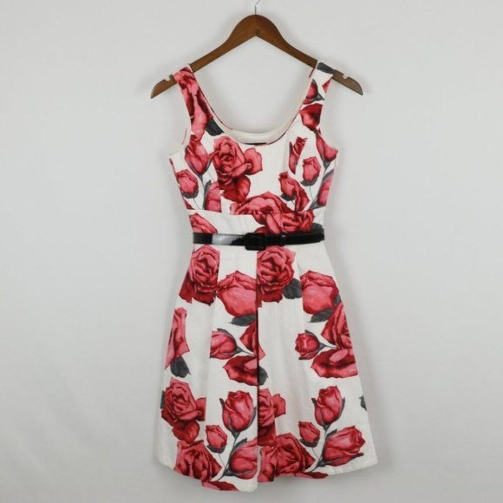 White House Black Market Women's Size 00 White Pink Rose Print Fit & Flare Dress